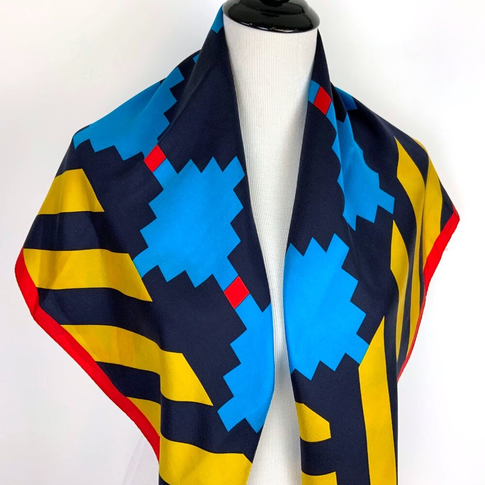 Vintage 70s - 80s Perry Ellis Silk Scarf Bold Geometric Design 34" - Picture 10 of 16